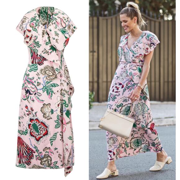 Tory Burch Adelia Floral Printed Wrap Midi Dress Pink Size 2 - Picture 3 of 15